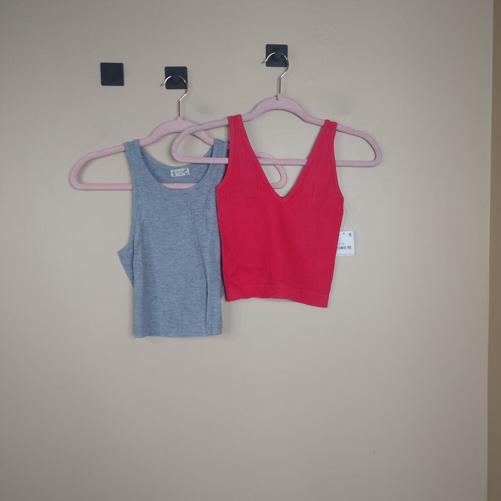 Free People Bundle of Two Rib Brami and High Neck Crop Tank in Cherry/Grey XS/S